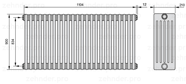 Схема (чертеж) Радиатор Zehnder Charleston 6090/24 №1270 Белый глянцевый RAL 9016